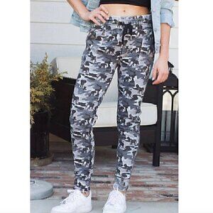 IVORY ELLA Camo Slim Fit Jogger Pants Gray Olive Distressed Pull On Drawstring